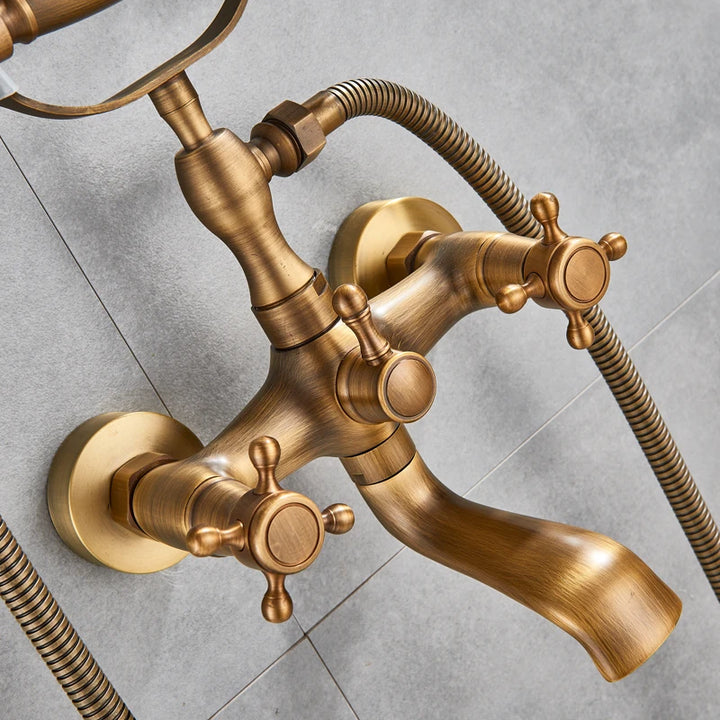 Rozin Retro Style Brass Bathtub Shower Faucet Set Dual Knobs Wall Mounted Bathtub Mixer with Handshower and Swivel Tub Spout Tap