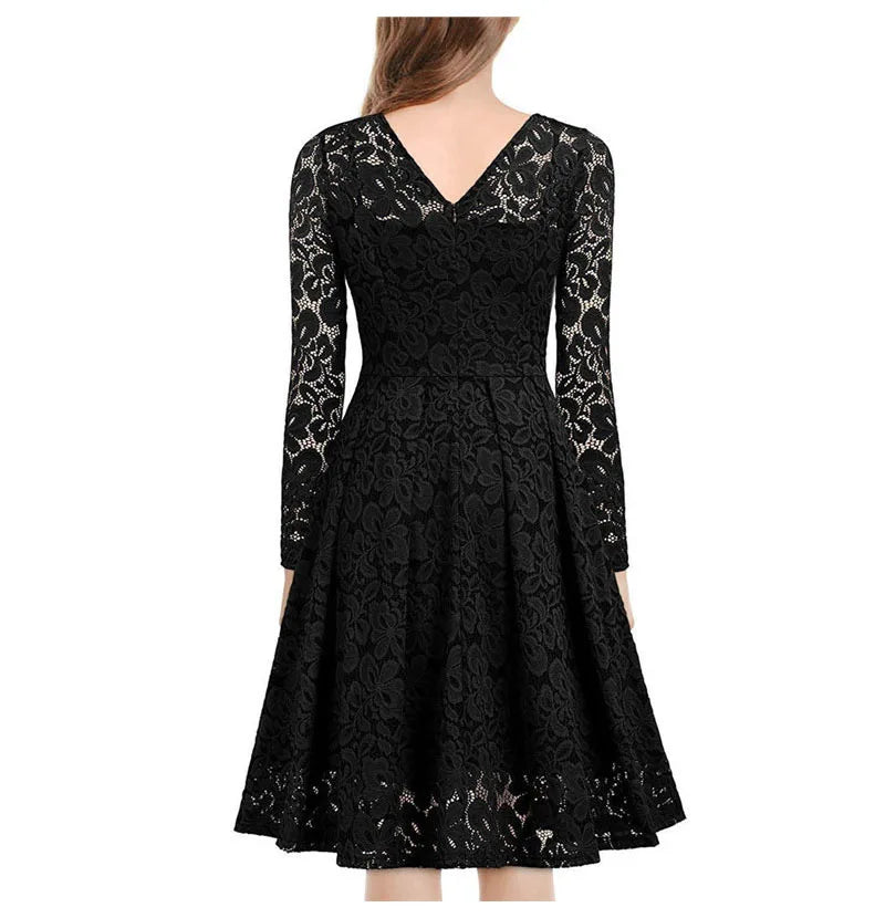 LSYCDS Elegant Sexy Dress for Women Vintage Lace Long Sleeve V Neck