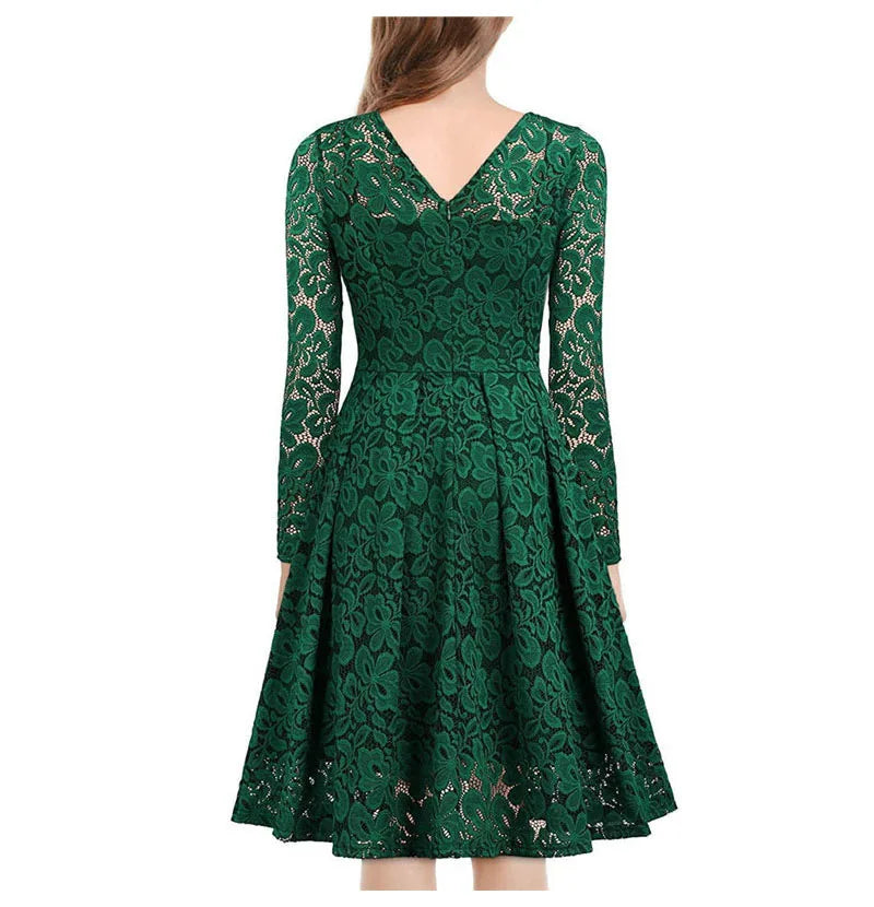 LSYCDS Elegant Sexy Dress for Women Vintage Lace Long Sleeve V Neck