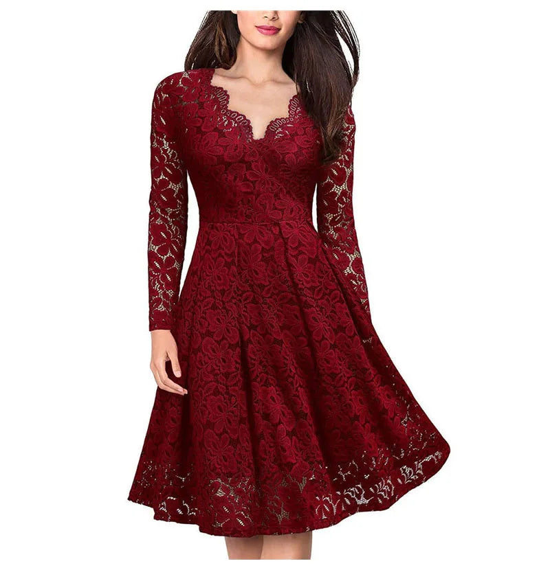 LSYCDS Elegant Sexy Dress for Women Vintage Lace Long Sleeve V Neck