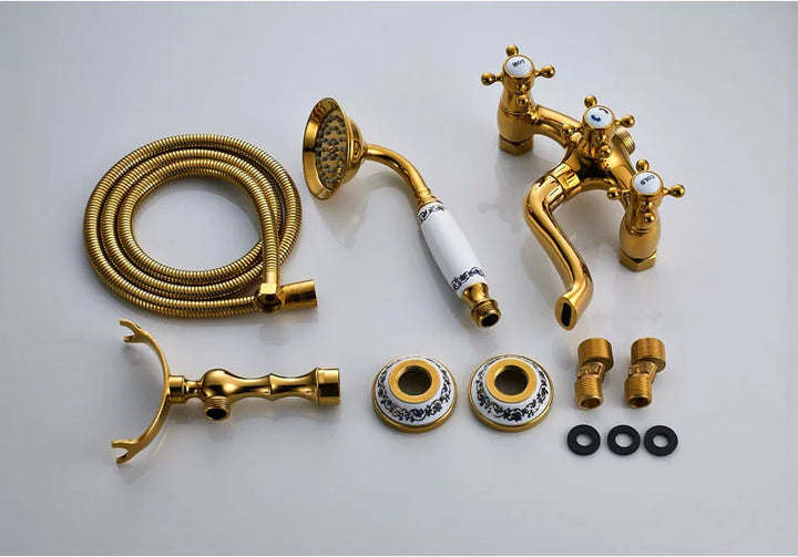 Rozin Retro Style Brass Bathtub Shower Faucet Set Dual Knobs Wall Mounted Bathtub Mixer with Handshower and Swivel Tub Spout Tap