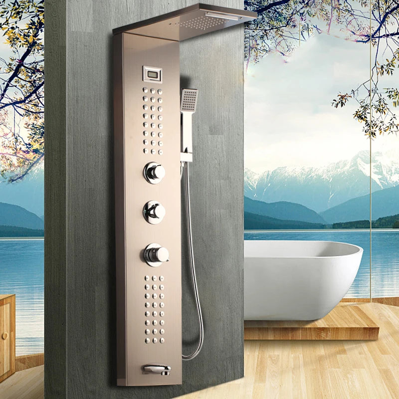 KEMAIDI Black Column  Shower Faucet Bath Shower System Temperature Digital Display LED Shower Panel Body Massage Jets 12 Choice