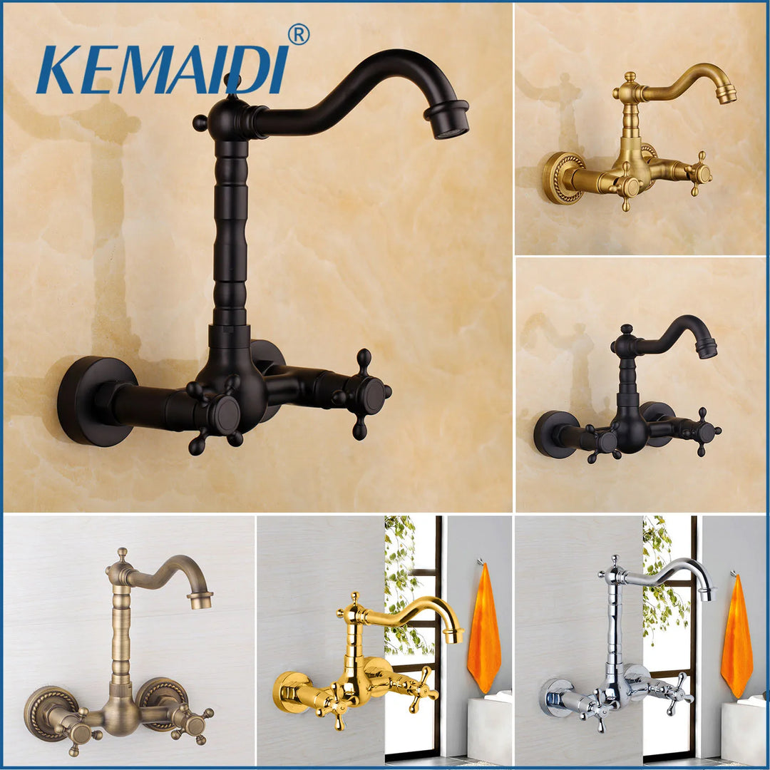 KEMAIDI Antique Brass Bathroom Basin Sink Faucet Tap Dual Handles Wall Mounted Hot Cold Water Mixer Tap 360 Swivel Spout Faucets