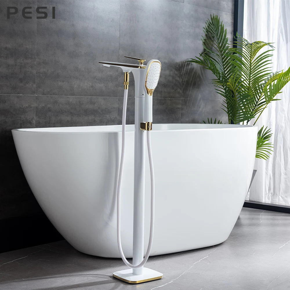 White and Gold Floor Mounted Bathtub Faucet Freestanding Tub Mixer Crane with Handshower Floor Mounted Claw Foot.