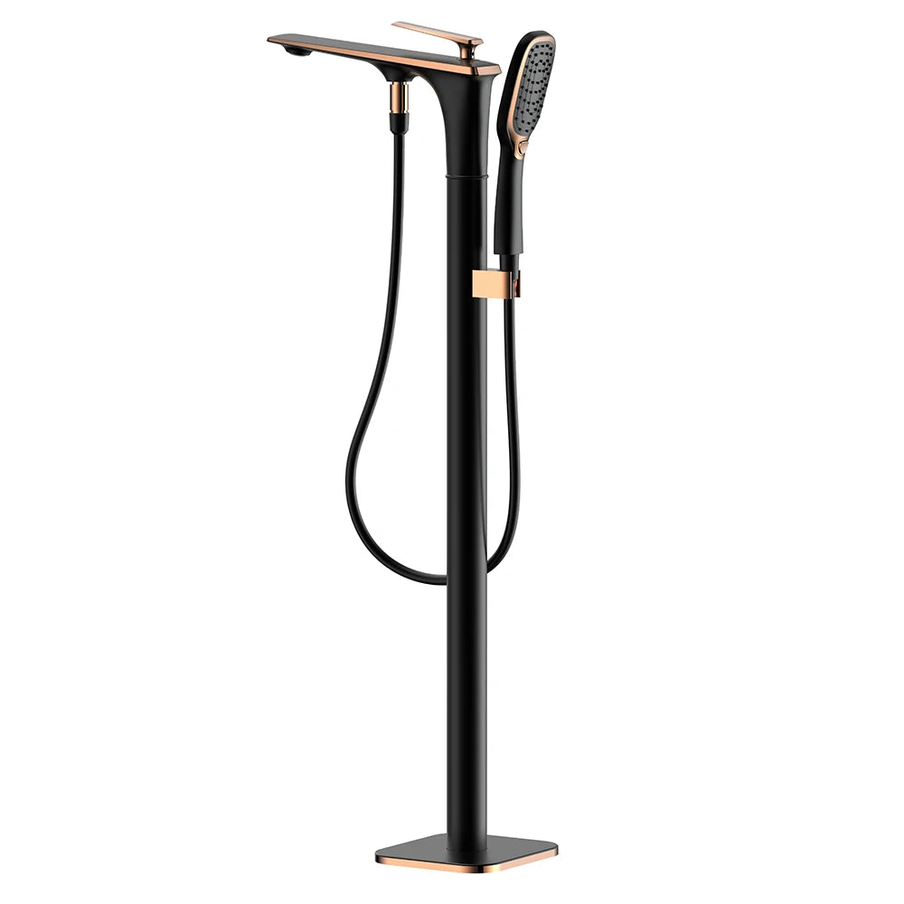 White and Gold Floor Mounted Bathtub Faucet Freestanding Tub Mixer Crane with Handshower Floor Mounted Claw Foot.