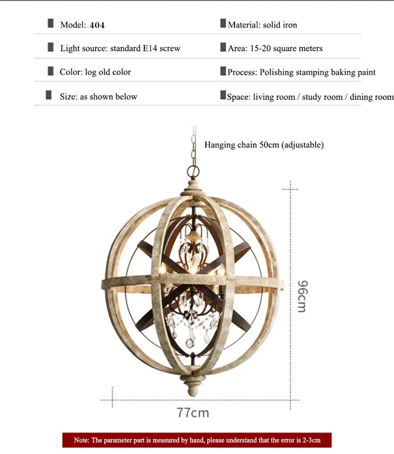 Retro solid wood Hanging Chandelier led in the living room Modern home decor Fixture Round Loft Suspension Crystal lighting