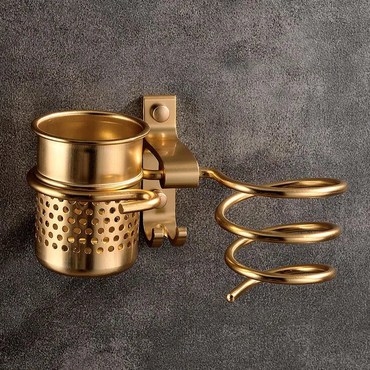 Golden hair dryer rack with cup hair   Households Rack Hair Blow Dryer Holder Aluminum Shelf Bathroom Accessories