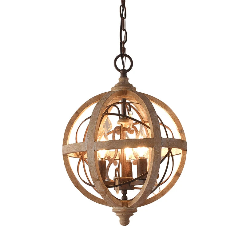 Globe Wood Chandelier Bedroom Living Room Hanging Lights Antique Round Sphere Wooden Chandelier