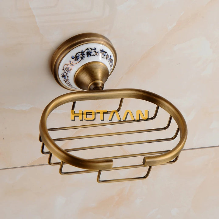 Antique Brushed Solid Brass Bathroom Accessories Sets European Porcelain Bathroom Hardware Sets Ceramic Retro Bathroom Products