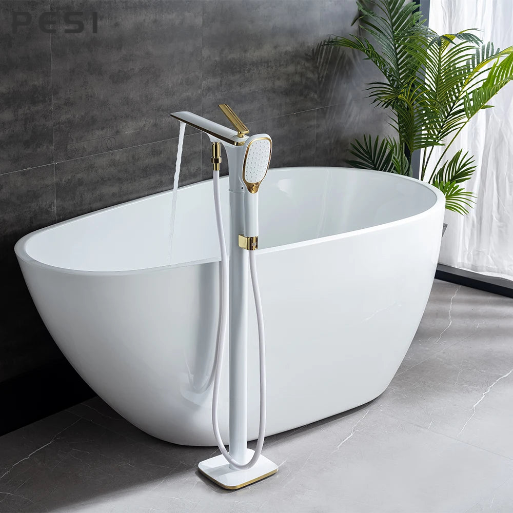 White and Gold Floor Mounted Bathtub Faucet Freestanding Tub Mixer Crane with Handshower Floor Mounted Claw Foot.