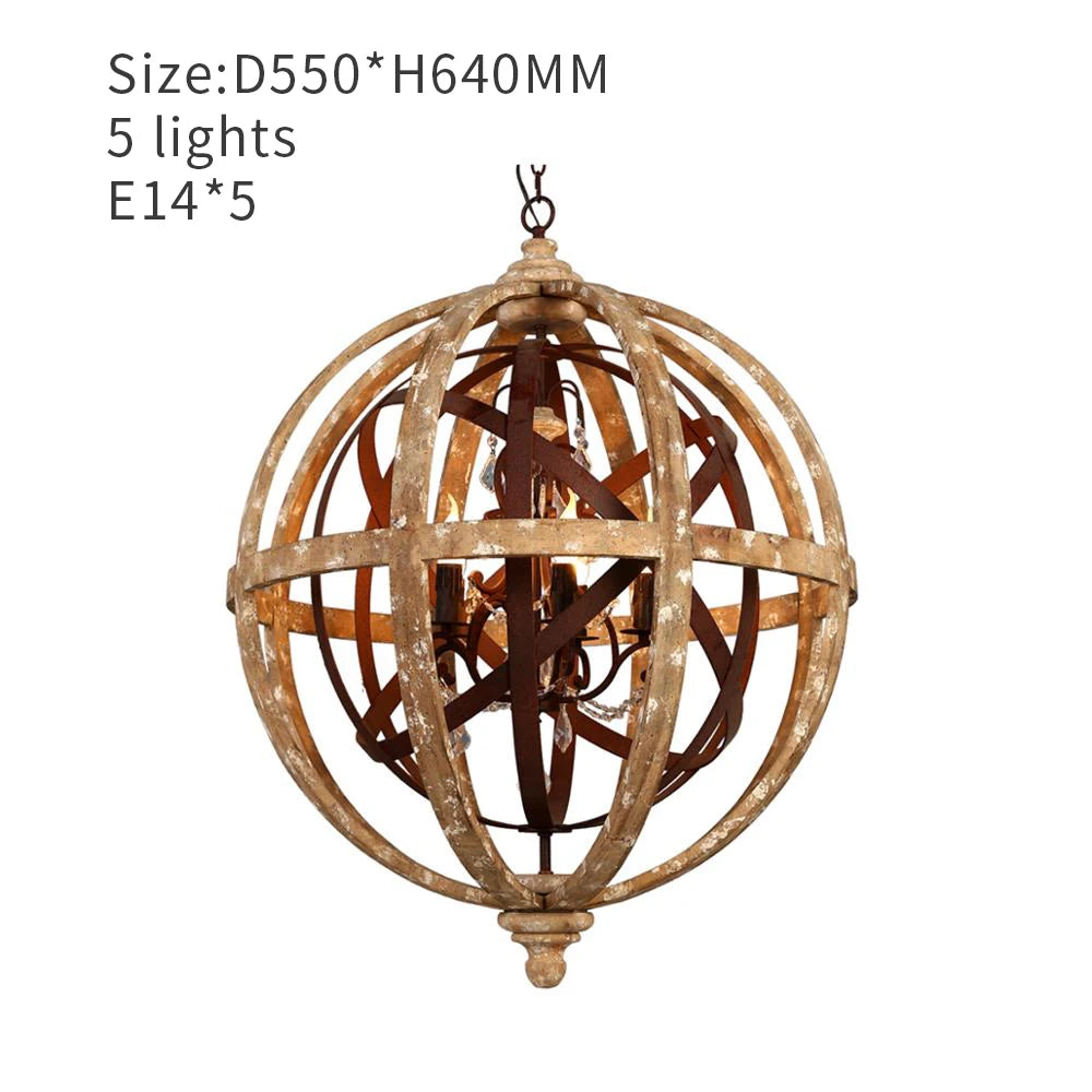 Globe Wood Chandelier Bedroom Living Room Hanging Lights Antique Round Sphere Wooden Chandelier