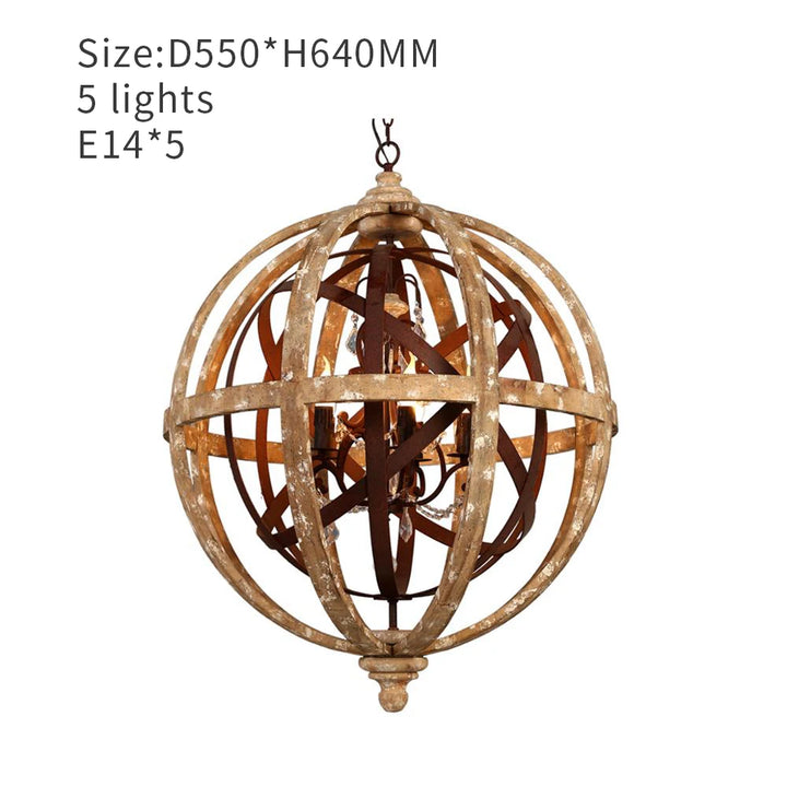 Globe Wood Chandelier Bedroom Living Room Hanging Lights Antique Round Sphere Wooden Chandelier