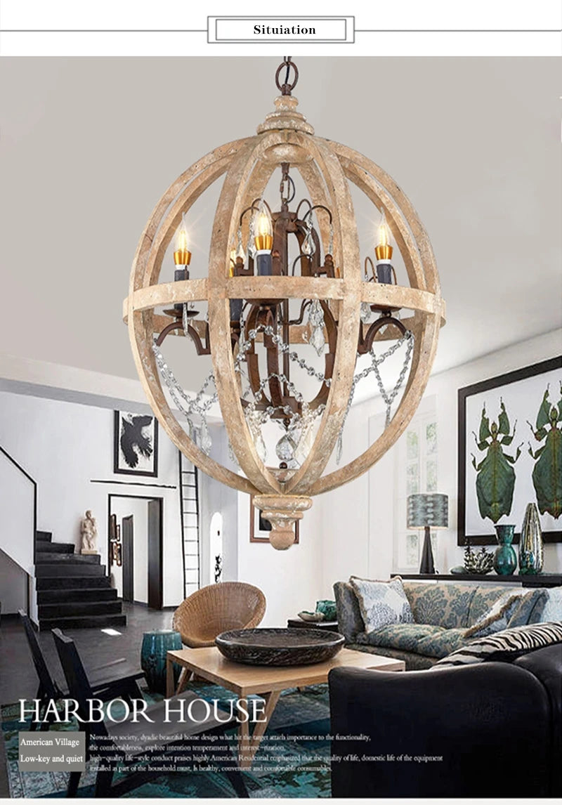 Retro solid wood Hanging Chandelier led in the living room Modern home decor Fixture Round Loft Suspension Crystal lighting