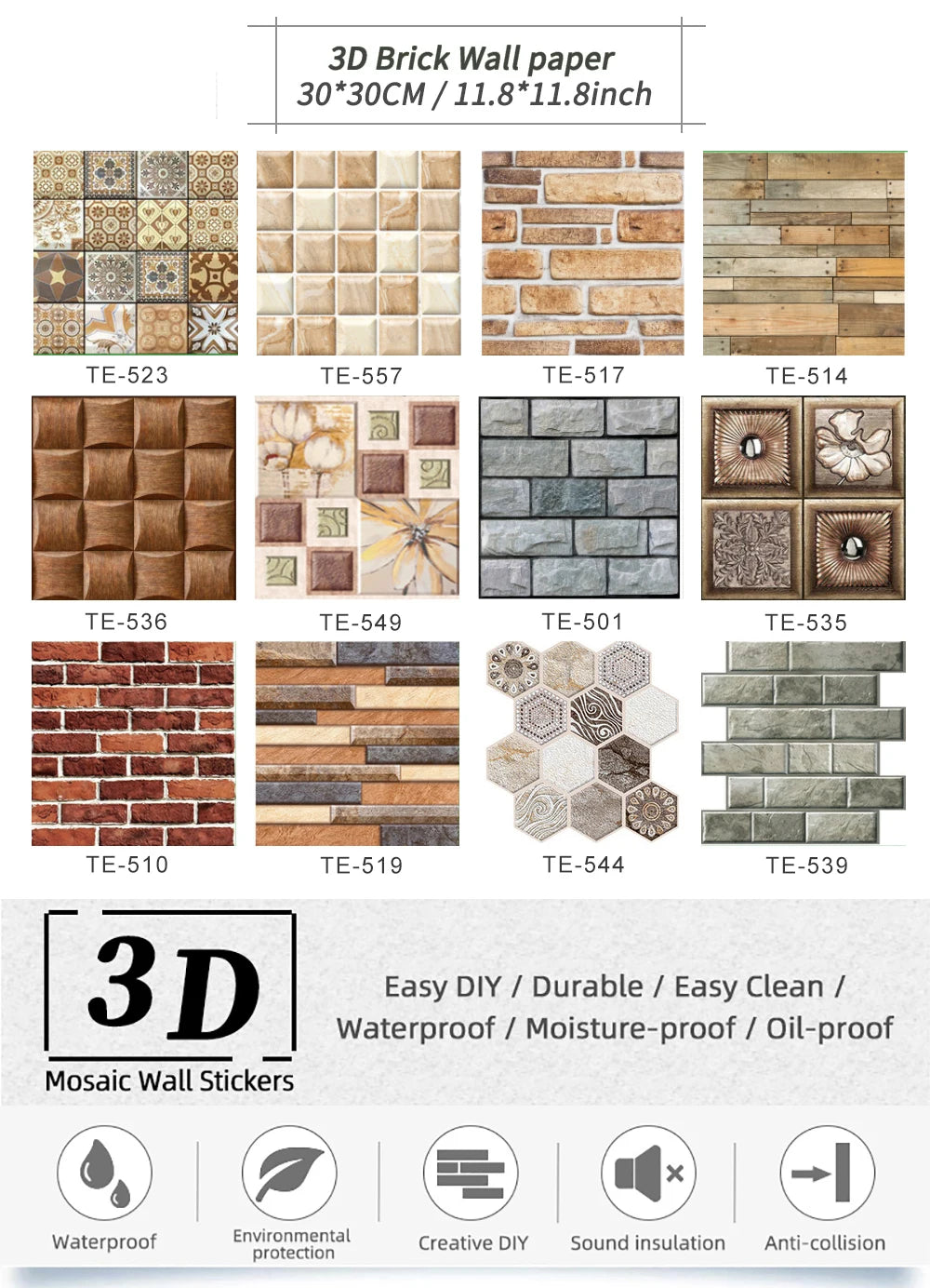 15PCS Wall Sticker Waterproof PVC imitation brick Wallpapers for TV walls living room bedroom kitchen kids rooms painted surface