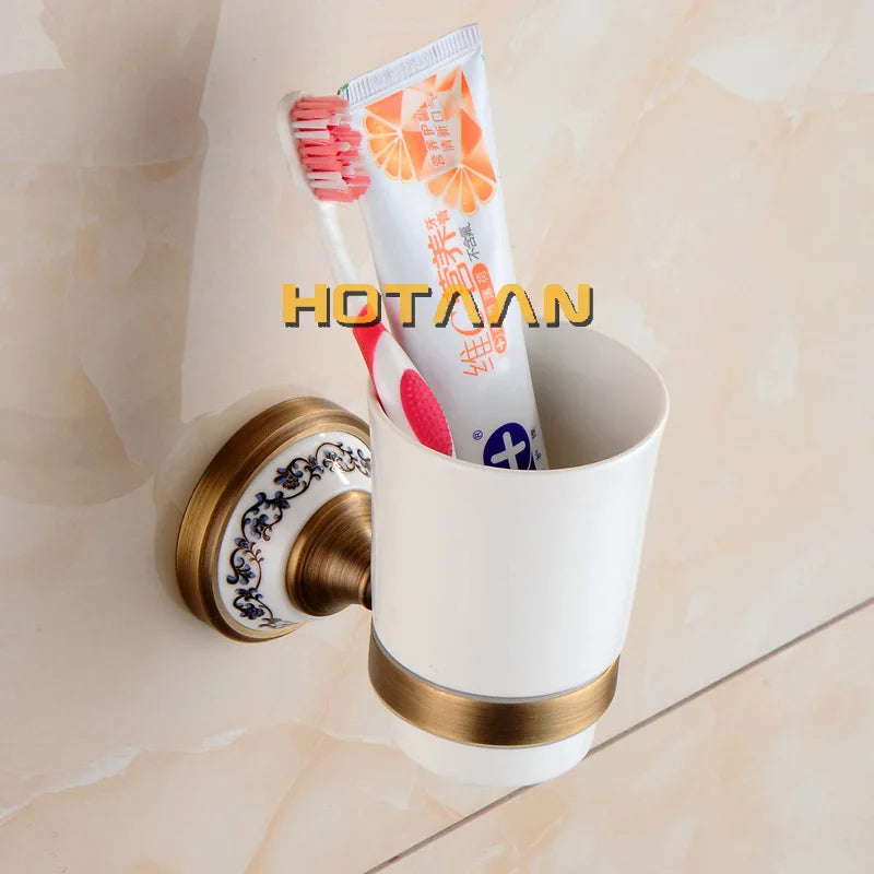 Antique Brushed Solid Brass Bathroom Accessories Sets European Porcelain Bathroom Hardware Sets Ceramic Retro Bathroom Products