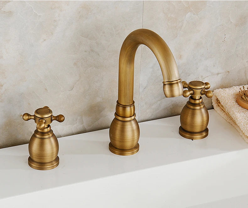 ELLEN Antique Bronze Bath Sink Faucet Double Handle Basin Sink Faucet Hot and Cold Water Mixer 3 Hole Bathroom Faucet ELF8001-3