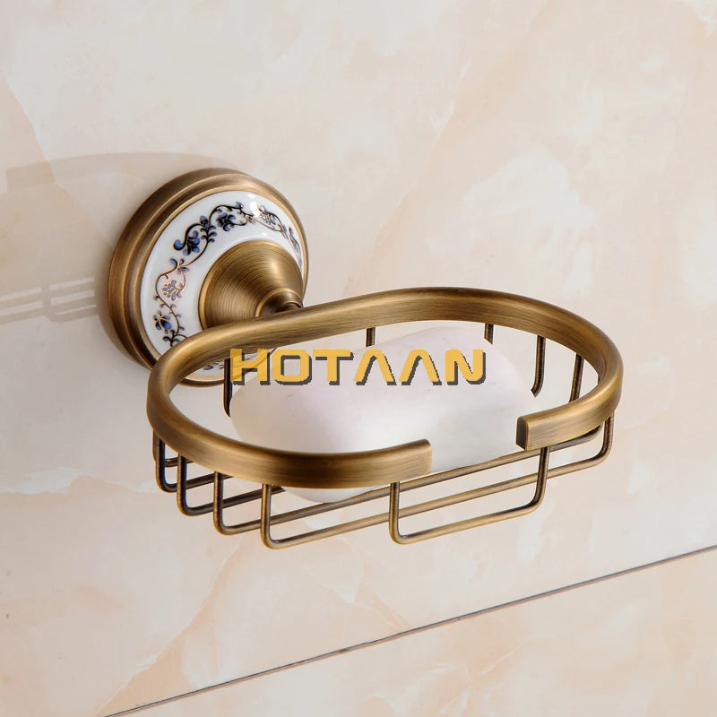 Antique Brushed Solid Brass Bathroom Accessories Sets European Porcelain Bathroom Hardware Sets Ceramic Retro Bathroom Products