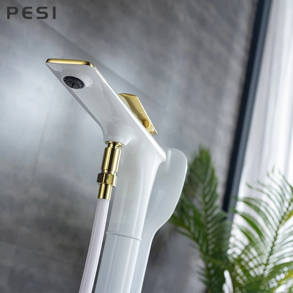 White and Gold Floor Mounted Bathtub Faucet Freestanding Tub Mixer Crane with Handshower Floor Mounted Claw Foot.