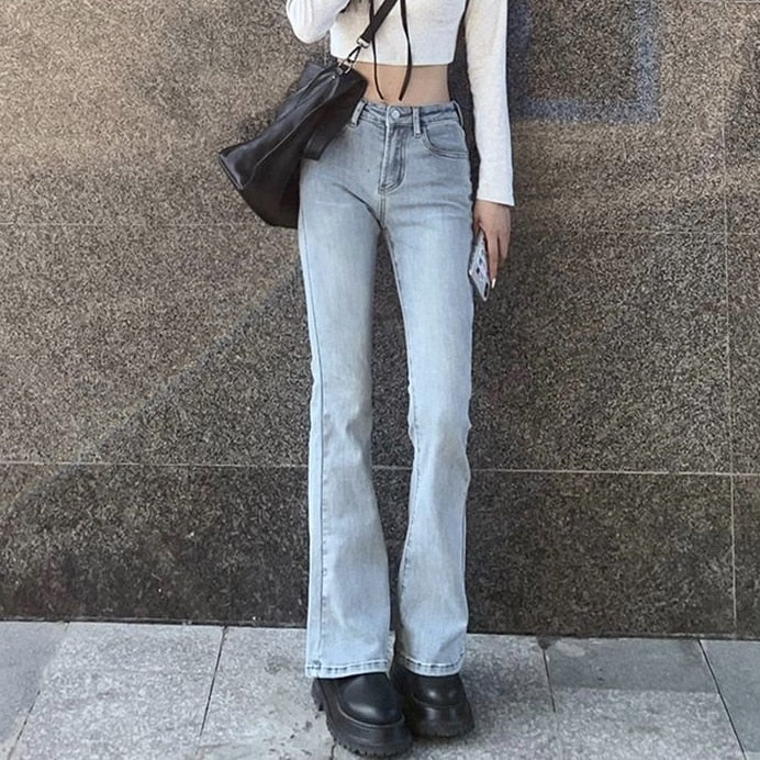 Flare Jeans Pants Women Vintage Stretch Denim  High Waist Fashion