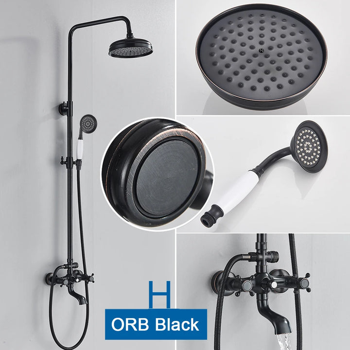 POIQIHY ORB Black Bathroom Shower Faucet In Wall 8" Rainfall Brass Shower Set Mixer Tap Tub Spout Bath Shower Set Dual Handles