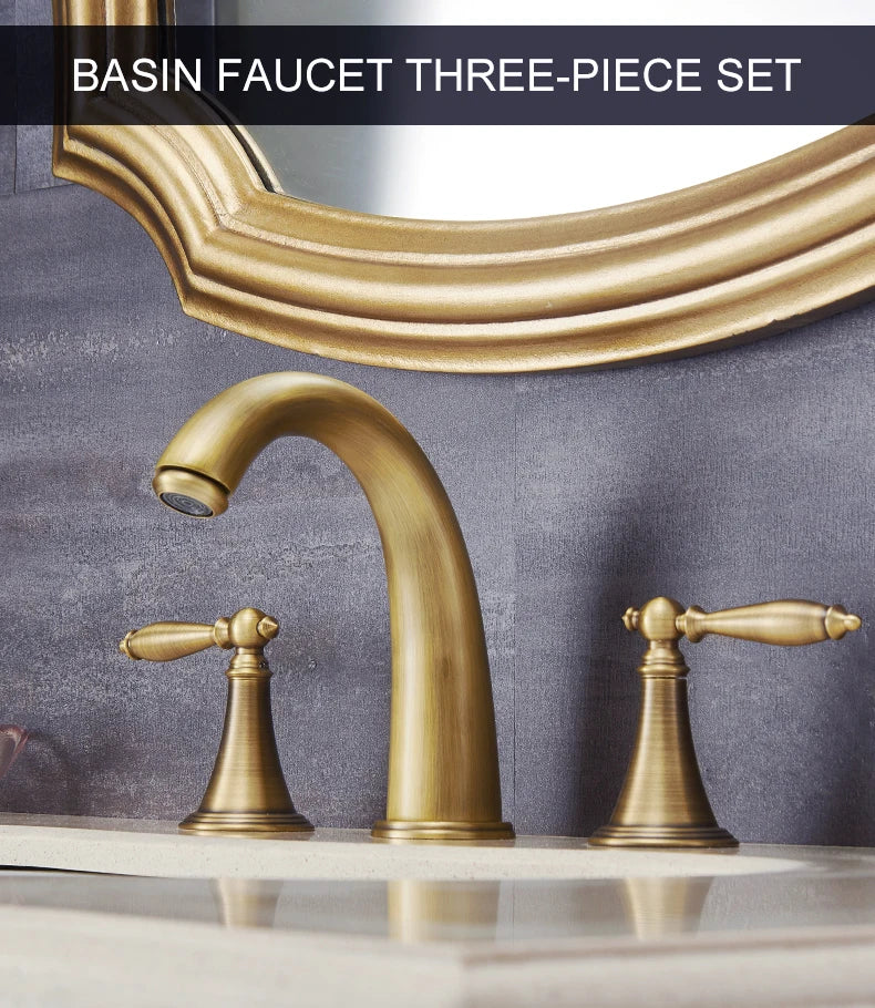 ELLEN Antique Bronze Bath Sink Faucet Double Handle Basin Sink Faucet Hot and Cold Water Mixer 3 Hole Bathroom Faucet ELF8001-3