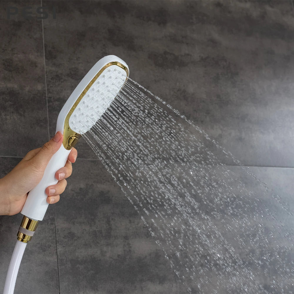 White and Gold Floor Mounted Bathtub Faucet Freestanding Tub Mixer Crane with Handshower Floor Mounted Claw Foot.
