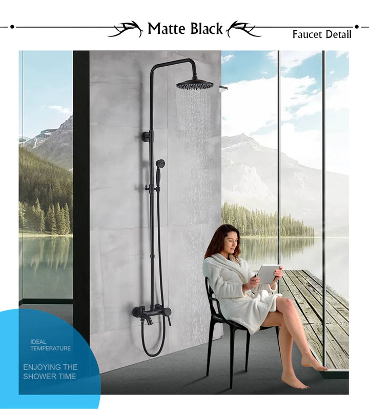 POIQIHY ORB Black Bathroom Shower Faucet In Wall 8" Rainfall Brass Shower Set Mixer Tap Tub Spout Bath Shower Set Dual Handles