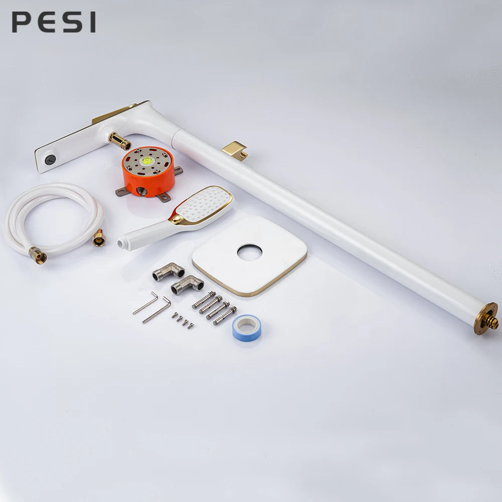 White and Gold Floor Mounted Bathtub Faucet Freestanding Tub Mixer Crane with Handshower Floor Mounted Claw Foot.
