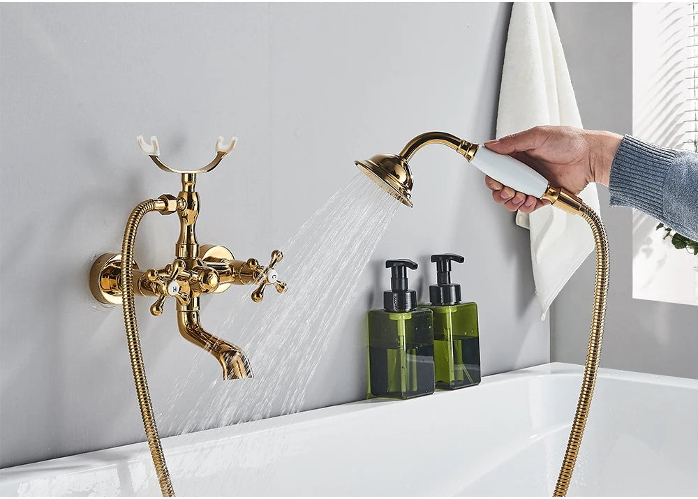 POIQIHY Golden Black Bathtub Shower Faucets Bathroom Wall Bath Shower Set Brass Mixer Tap Swivel Tub Spout Bath Shower Mixers