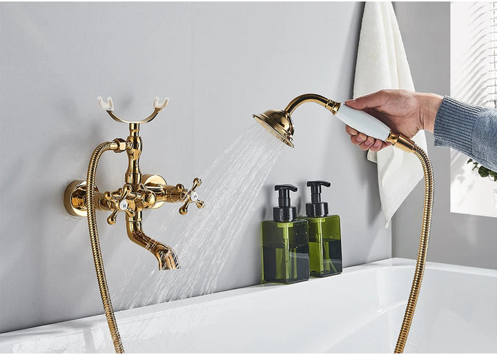 POIQIHY Golden Black Bathtub Shower Faucets Bathroom Wall Bath Shower Set Brass Mixer Tap Swivel Tub Spout Bath Shower Mixers