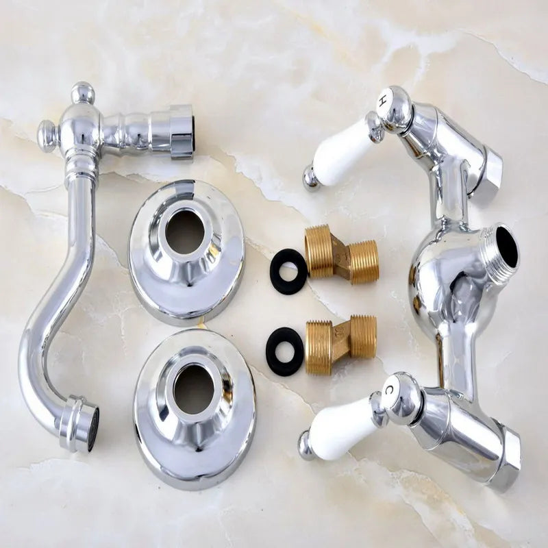 Polished Chrome Brass Wall Mounted Bathroom Kitchen Sink Faucet Swivel Spout Mixer Tap Dual Ceramics Handles Levers mnf573