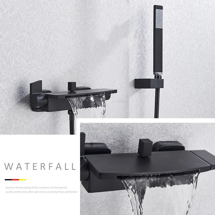 Quyanre Black Waterfall Bathtub Shower Faucets Wall Mount Shower Mixer Tap Faucets Hot Cold Bath Shower Tap BaRobinet Baignoire