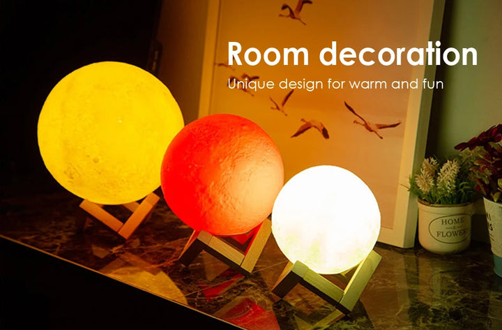 3D Print LED Lamp Moon Earth Jupiter Home Bedroom Decor Creative Mood Night Light USB Recharge Touch Pat Control Colorful
