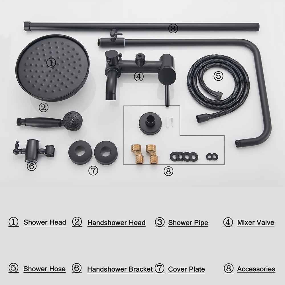 POIQIHY ORB Black Bathroom Shower Faucet In Wall 8" Rainfall Brass Shower Set Mixer Tap Tub Spout Bath Shower Set Dual Handles
