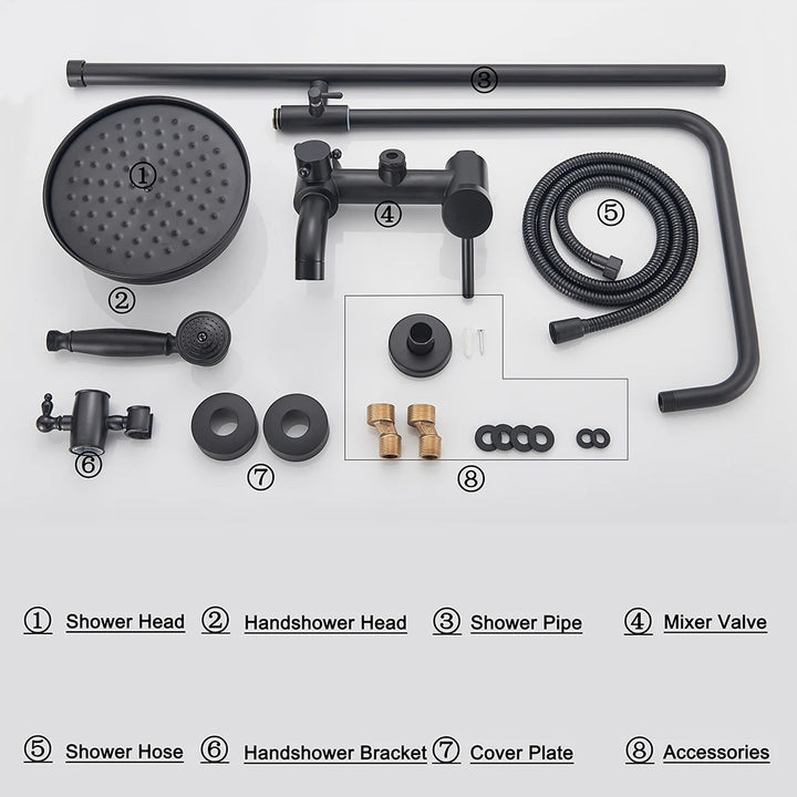 POIQIHY ORB Black Bathroom Shower Faucet In Wall 8" Rainfall Brass Shower Set Mixer Tap Tub Spout Bath Shower Set Dual Handles