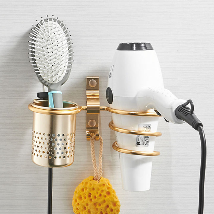 Golden hair dryer rack with cup hair   Households Rack Hair Blow Dryer Holder Aluminum Shelf Bathroom Accessories
