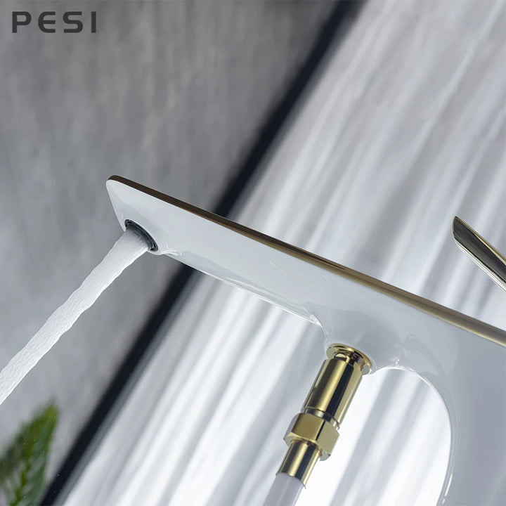 White and Gold Floor Mounted Bathtub Faucet Freestanding Tub Mixer Crane with Handshower Floor Mounted Claw Foot.