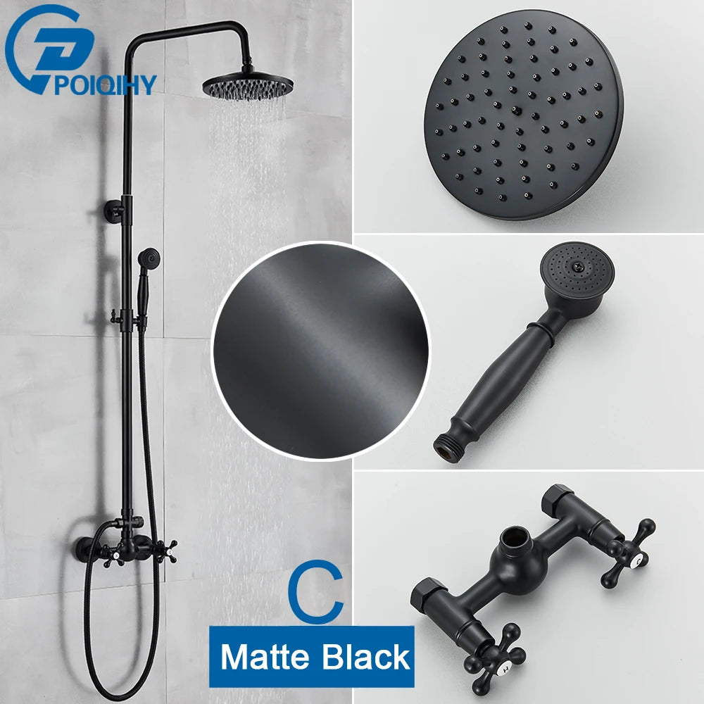 POIQIHY ORB Black Bathroom Shower Faucet In Wall 8" Rainfall Brass Shower Set Mixer Tap Tub Spout Bath Shower Set Dual Handles