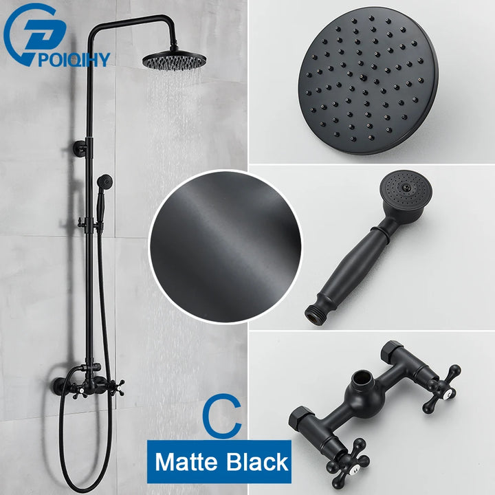 POIQIHY ORB Black Bathroom Shower Faucet In Wall 8" Rainfall Brass Shower Set Mixer Tap Tub Spout Bath Shower Set Dual Handles