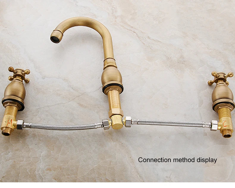 ELLEN Antique Bronze Bath Sink Faucet Double Handle Basin Sink Faucet Hot and Cold Water Mixer 3 Hole Bathroom Faucet ELF8001-3