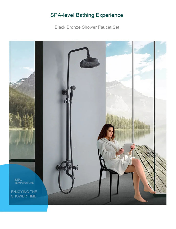 POIQIHY ORB Black Bathroom Shower Faucet In Wall 8" Rainfall Brass Shower Set Mixer Tap Tub Spout Bath Shower Set Dual Handles