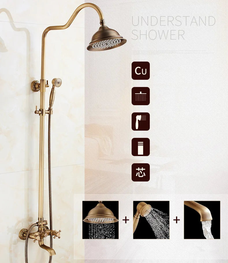 ZGRK Classic Rainfall Shower Set Antique Bronze Bath Shower Faucet Set Copper Wall Mounted Swivel Spout Mixer Tap Shower System