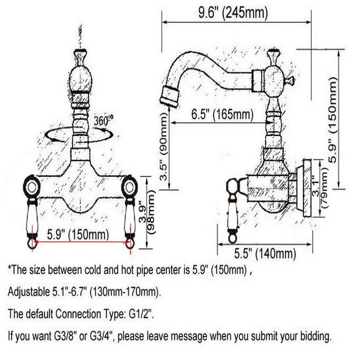 Polished Chrome Brass Wall Mounted Bathroom Kitchen Sink Faucet Swivel Spout Mixer Tap Dual Ceramics Handles Levers mnf573