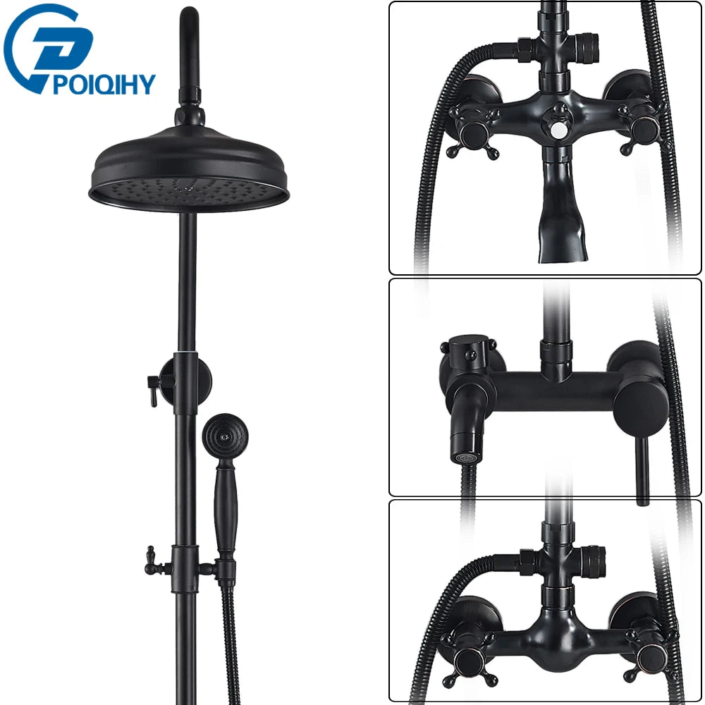 POIQIHY ORB Black Bathroom Shower Faucet In Wall 8" Rainfall Brass Shower Set Mixer Tap Tub Spout Bath Shower Set Dual Handles