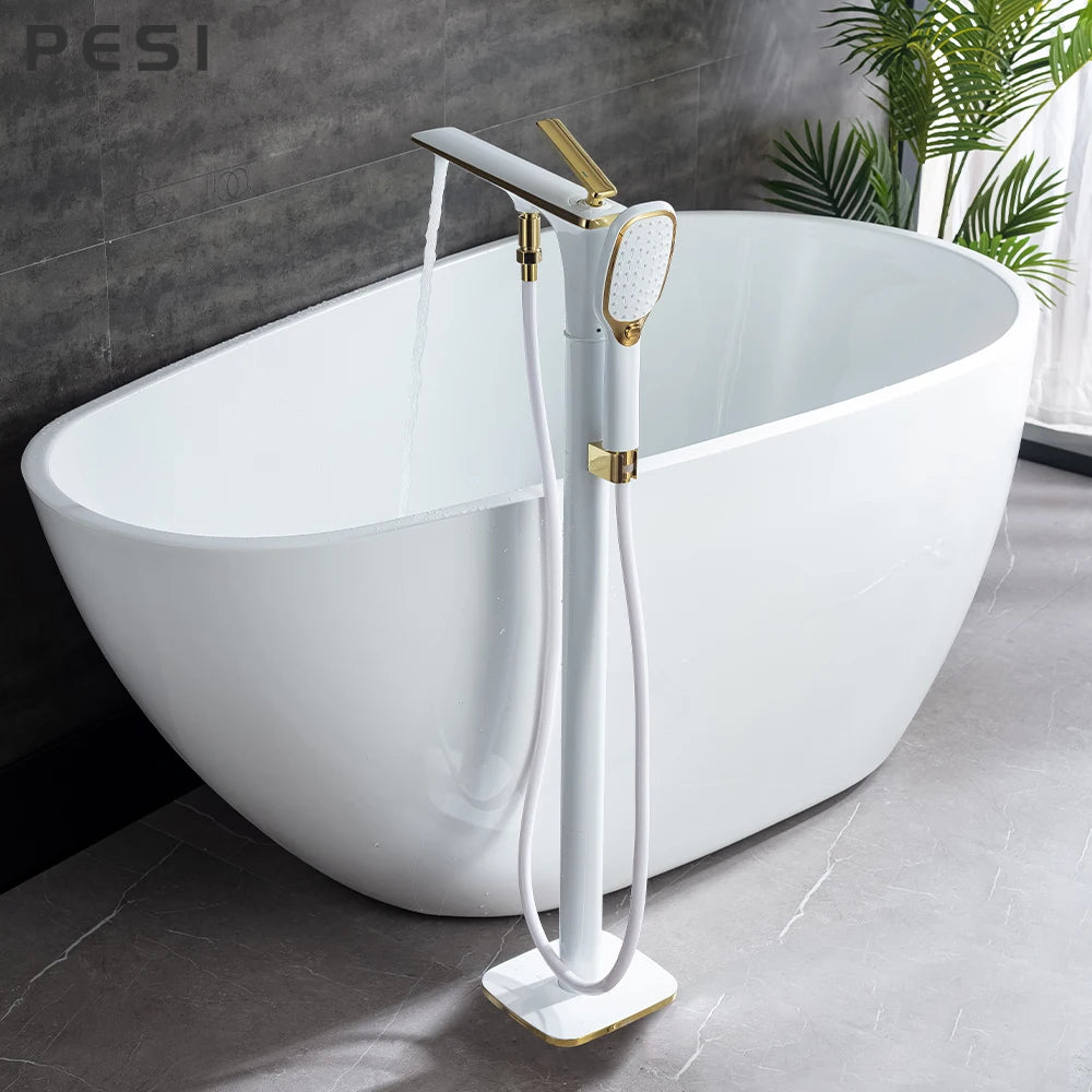 White and Gold Floor Mounted Bathtub Faucet Freestanding Tub Mixer Crane with Handshower Floor Mounted Claw Foot.