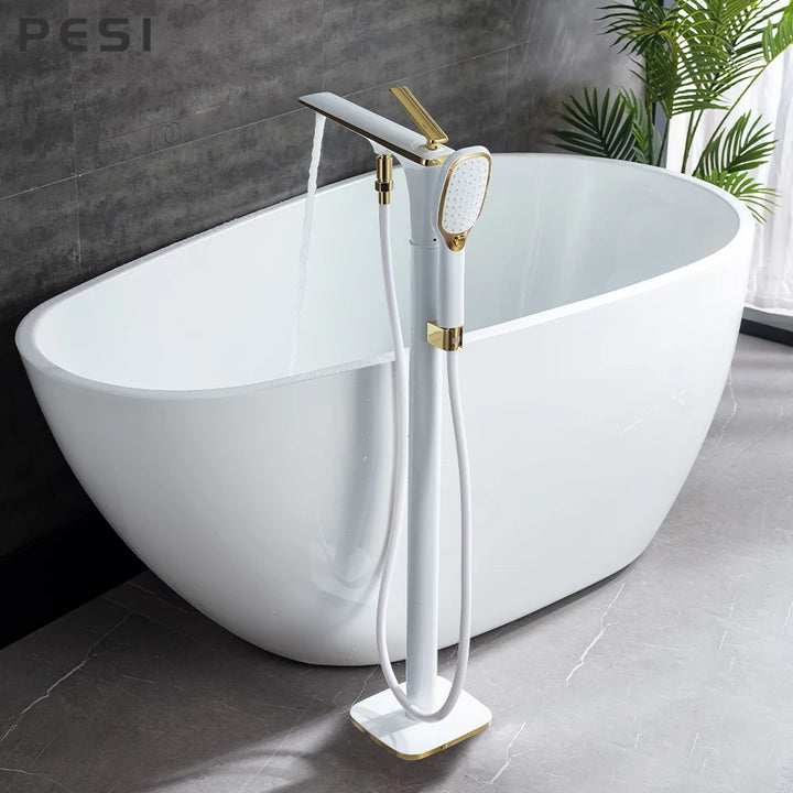 White and Gold Floor Mounted Bathtub Faucet Freestanding Tub Mixer Crane with Handshower Floor Mounted Claw Foot.