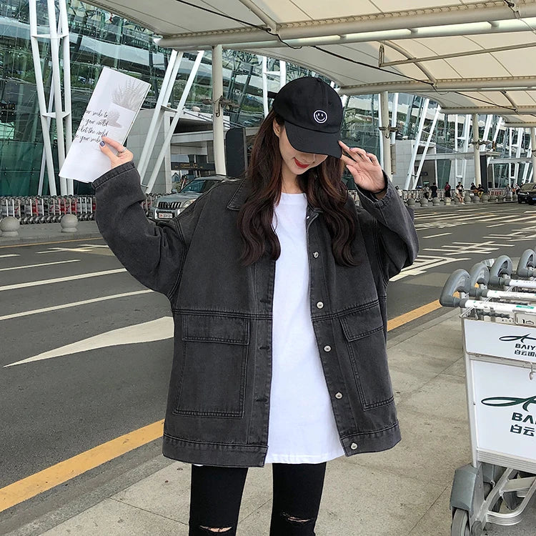 2 colors Women's casual Jean Coats 2023 autumn Women loose Denim Jacket Long Sleeve Loose Female Girls Outwear Oversize (78228)