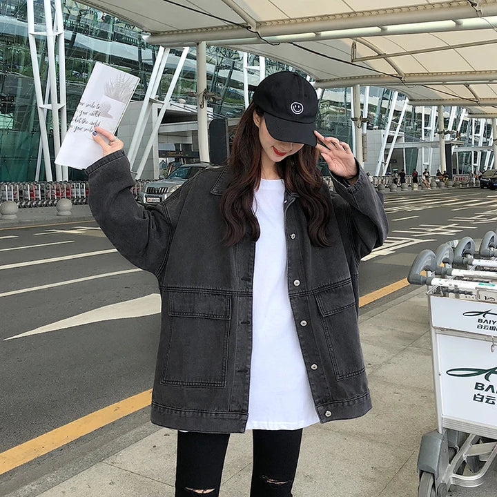 2 colors Women's casual Jean Coats 2023 autumn Women loose Denim Jacket Long Sleeve Loose Female Girls Outwear Oversize (78228)