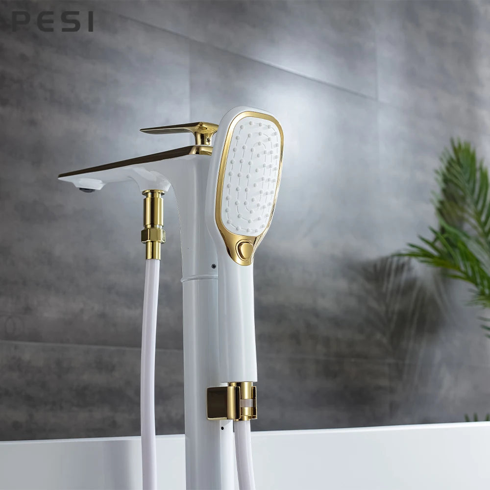 White and Gold Floor Mounted Bathtub Faucet Freestanding Tub Mixer Crane with Handshower Floor Mounted Claw Foot.