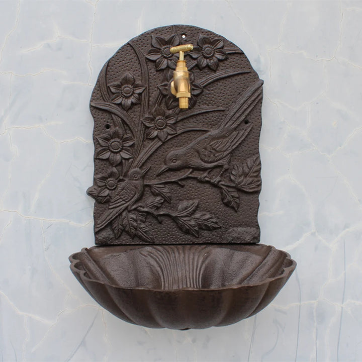 Rustic Cast Iron Wall Mounted Hand Sink With Birds On Flower Branch Metal Wash Basin Stand